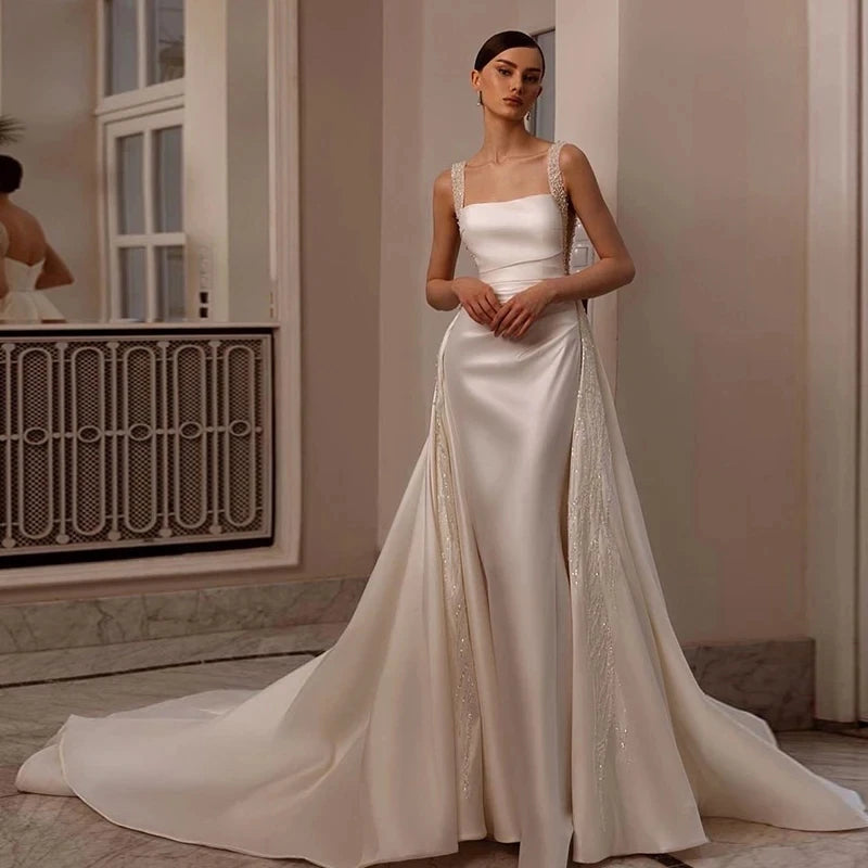 Luxury Empire Wedding Dresses Beaded Square Collar Smooth Pleat Satin Detachable Train Ball Gowns Mermaid Formal Bridal Party