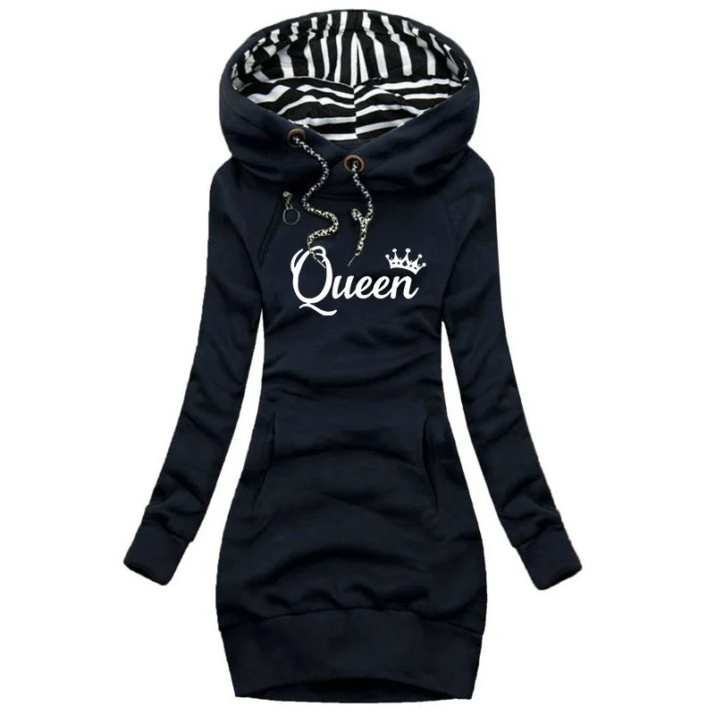 Trending Queen Printed Autumn and Winter Women Fashion Long Hoodie Slim Fit Hoodie Dress Women Long Sleeve Sweater Dress