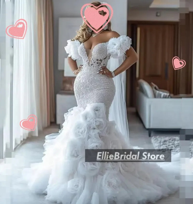 Gorgeous Wedding Dresses Luxury 2025 Flowers African Mermaid Bridal Gowns Off The Shoulder Lace Beading Vestido Novia Customized