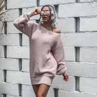 The hottest ladies casual off-shoulder lantern sleeve knitted sweater dress O-neck A Line Short Mini Knitted Dresses