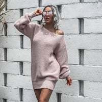 The hottest ladies casual off-shoulder lantern sleeve knitted sweater dress O-neck A Line Short Mini Knitted Dresses