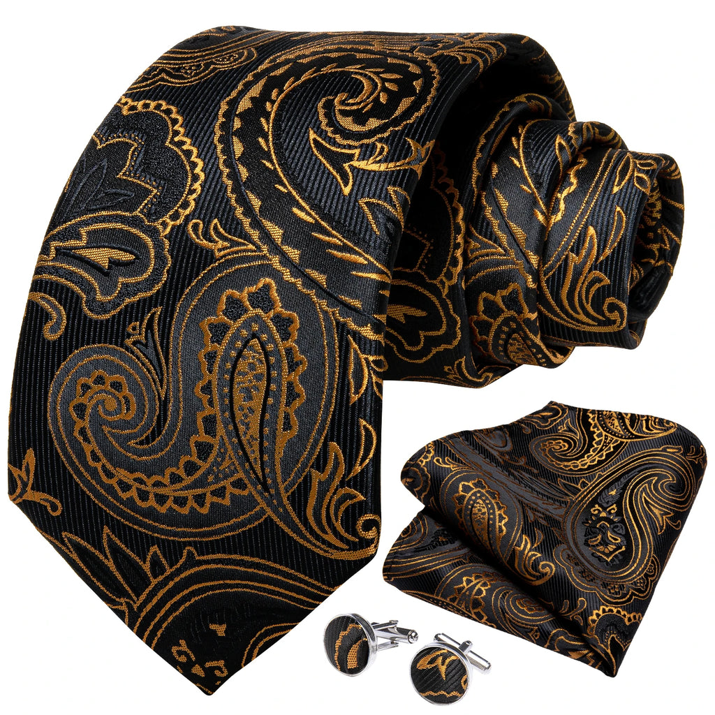 Brand Suit Vest Set For Men Luxury Silk Black Gold Paisley Dress Vest Tie Cufflinks Handkerchief Set Male Sleeveless Waistcoat
