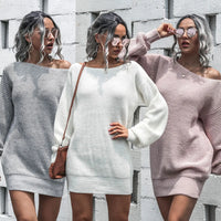 The hottest ladies casual off-shoulder lantern sleeve knitted sweater dress O-neck A Line Short Mini Knitted Dresses