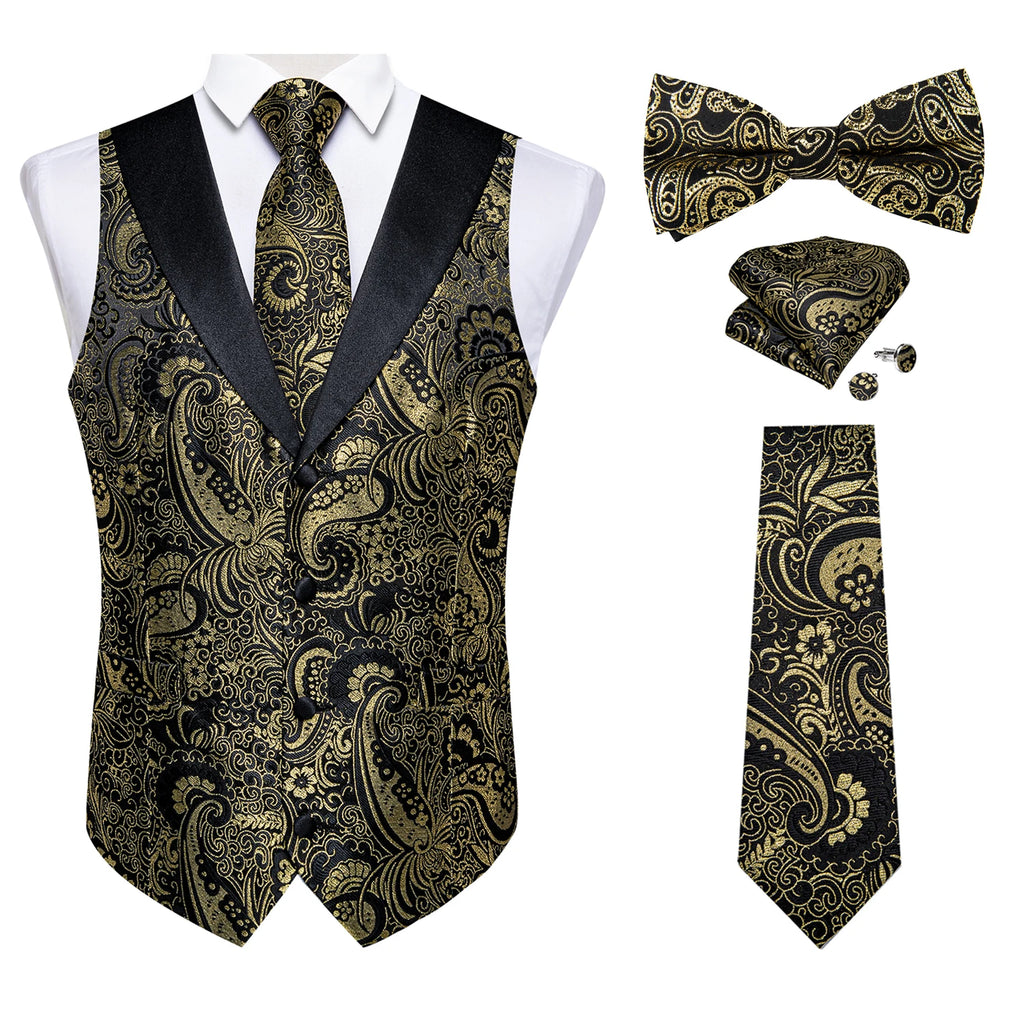 Brand Suit Vest Set For Men Luxury Silk Black Gold Paisley Dress Vest Tie Cufflinks Handkerchief Set Male Sleeveless Waistcoat