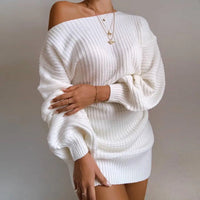 The hottest ladies casual off-shoulder lantern sleeve knitted sweater dress O-neck A Line Short Mini Knitted Dresses