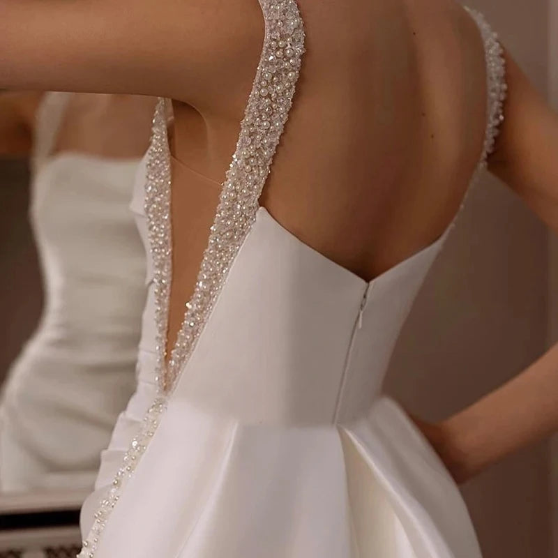 Luxury Empire Wedding Dresses Beaded Square Collar Smooth Pleat Satin  Detachable Train Ball Gowns Mermaid Formal Bridal Party