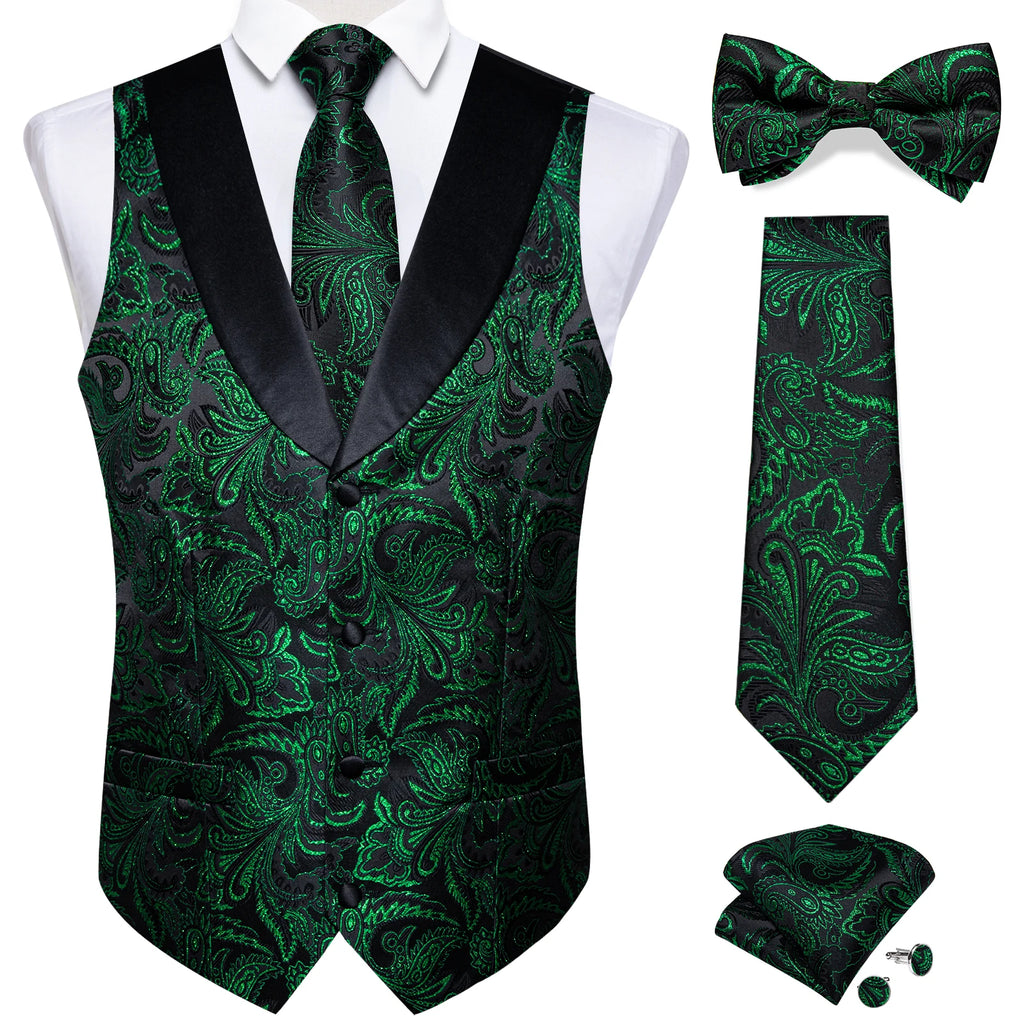 Brand Suit Vest Set For Men Luxury Silk Black Gold Paisley Dress Vest Tie Cufflinks Handkerchief Set Male Sleeveless Waistcoat