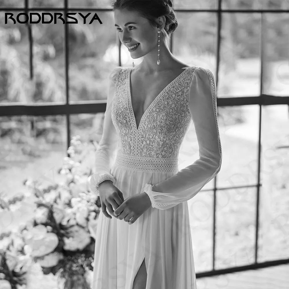 RODDRSYA Bohemian Wedding Dress Women Vestidos Novias Boda Chiffon Long Sleeves Lace Bride Dresses
