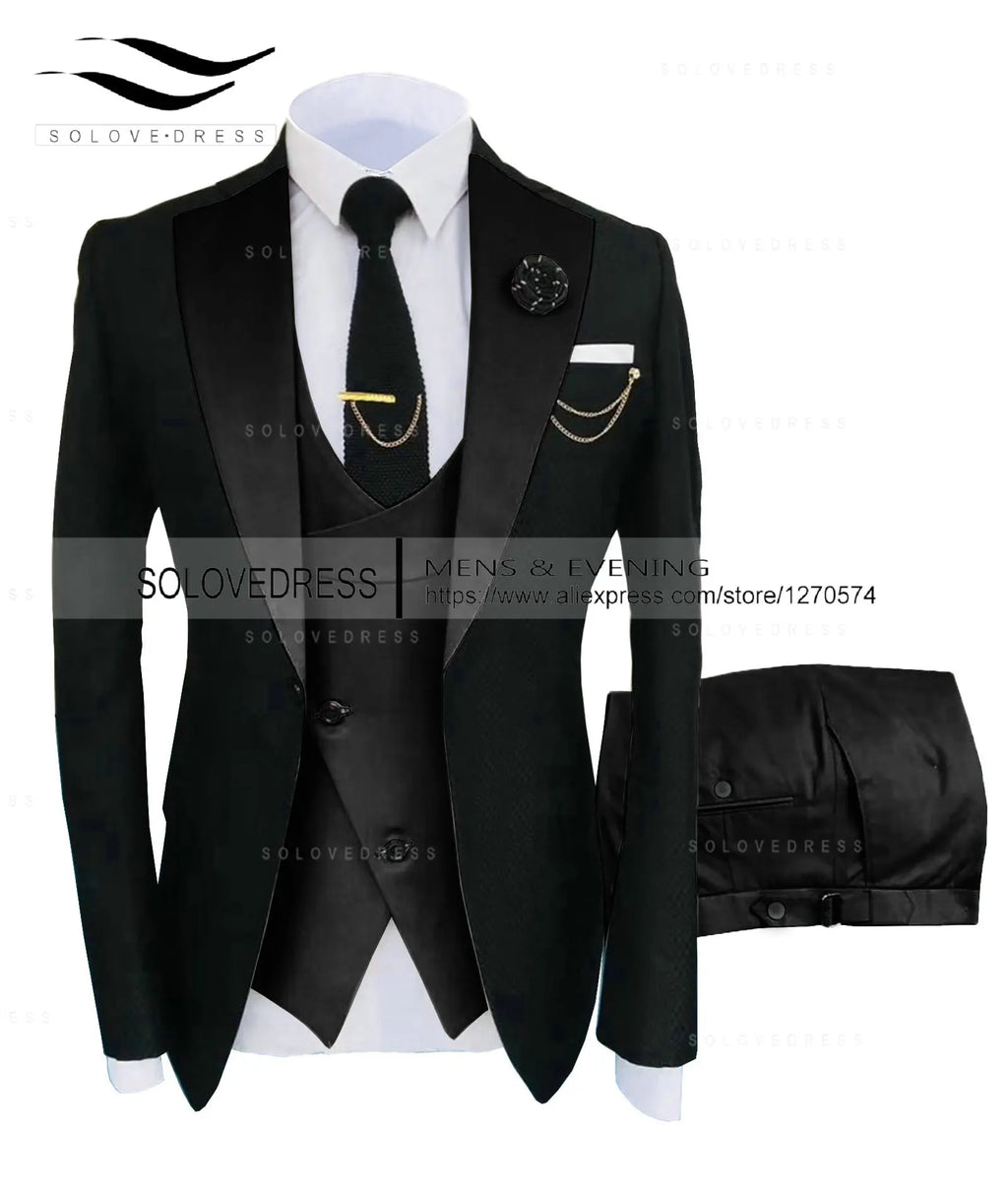 (Jacket + Vest + Pants) Suits for Men Casual Business Suit High-End Social Formal Suit 3 Pcs Set Groom Wedding Men