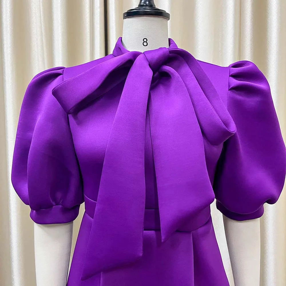 Elegant Birthday Party Dresses for Women Bow Collar Short Sleeve High Waisted Pleated Mid Calf Luxury Dinner Celebrate Occasion