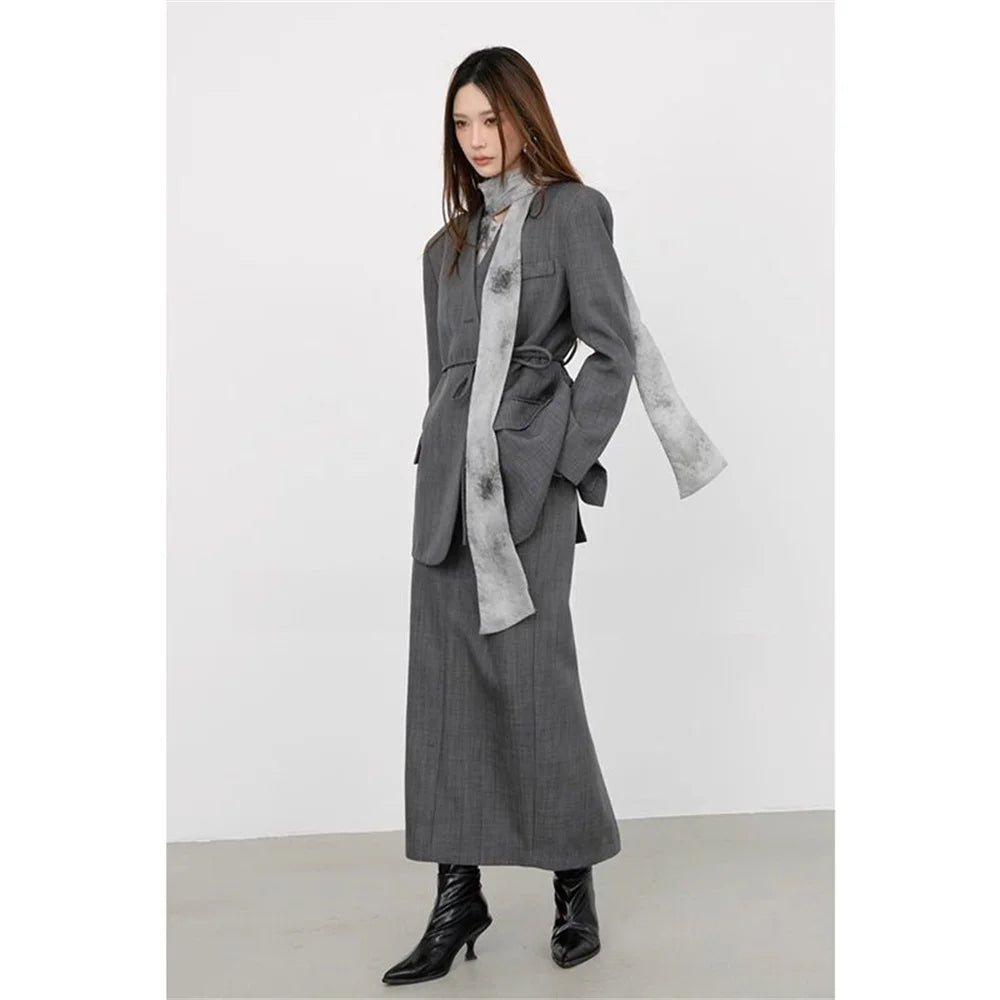 2024 spring new high-end Hepburn style advanced high temperament suit collarless suit + dizzy ribbon shirt suit