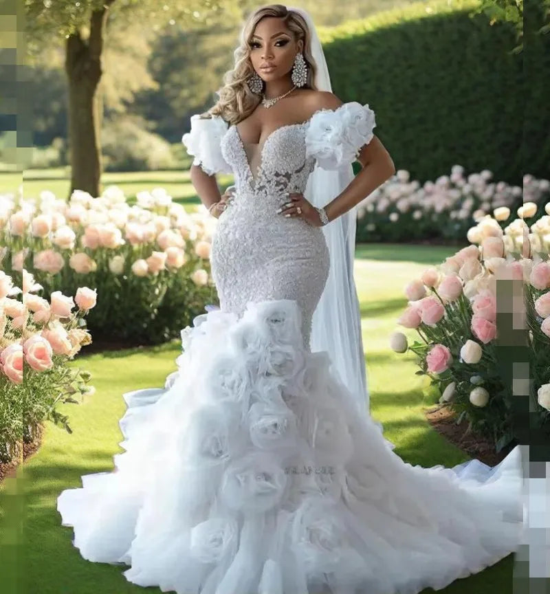 Gorgeous Wedding Dresses Luxury 2025 Flowers African Mermaid Bridal Gowns Off The Shoulder Lace Beading Vestido Novia Customized