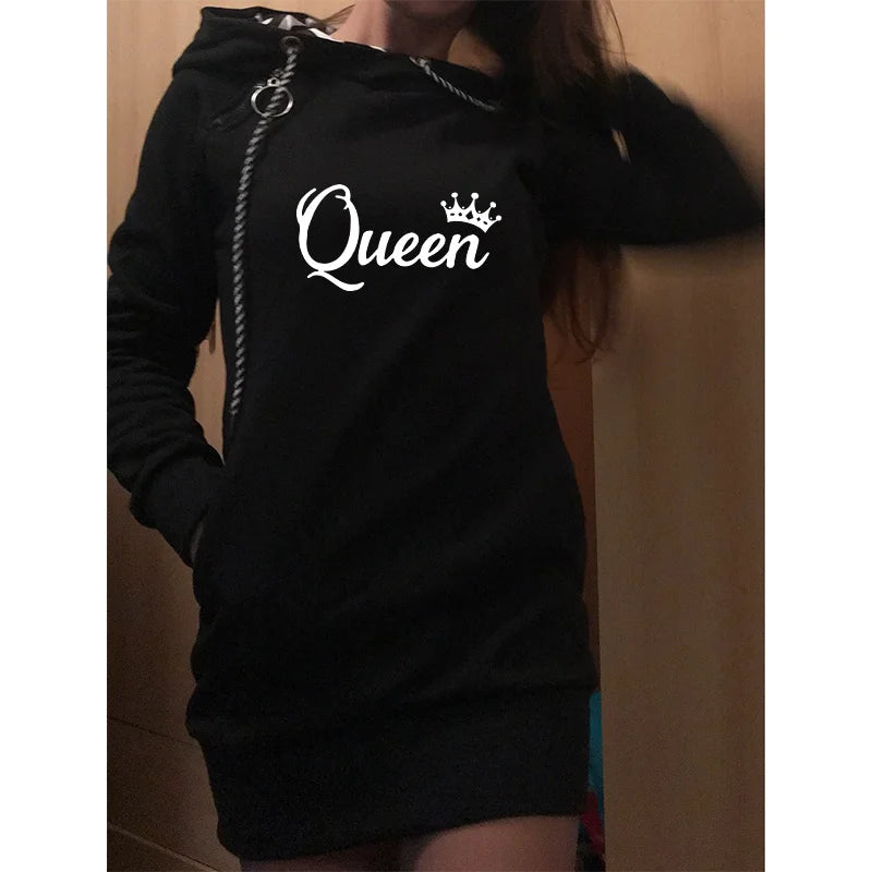 Trending Queen Printed Autumn and Winter Women Fashion Long Hoodie Slim Fit Hoodie Dress Women Long Sleeve Sweater Dress
