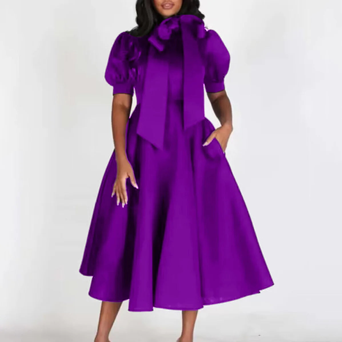Elegant Birthday Party Dresses for Women Bow Collar Short Sleeve High Waisted Pleated Mid Calf Luxury Dinner Celebrate Occasion