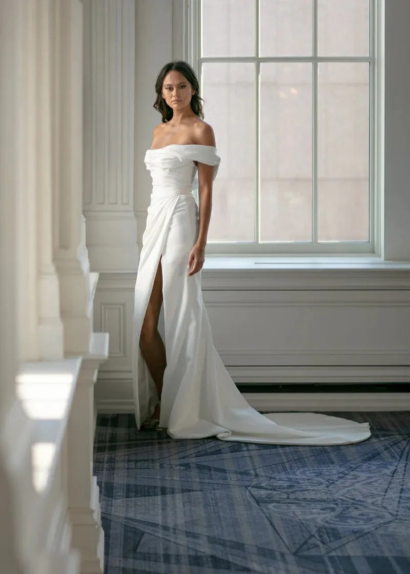Simple Off The Shoulder Pleat Soft Satin Mermaid Wedding Dresses Side Slit Custom Made Formal Bridal Grown 2024 Rode De Morrie