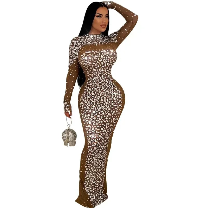 2025 Women Long Sleeve Mesh Diamonds Hot Rhinestones Bodycon Midi Dress Women’s Maxi Long Evening Birthday Dresses