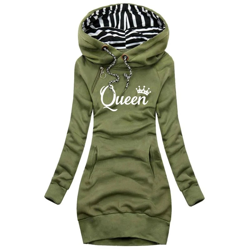Trending Queen Printed Autumn and Winter Women Fashion Long Hoodie Slim Fit Hoodie Dress Women Long Sleeve Sweater Dress