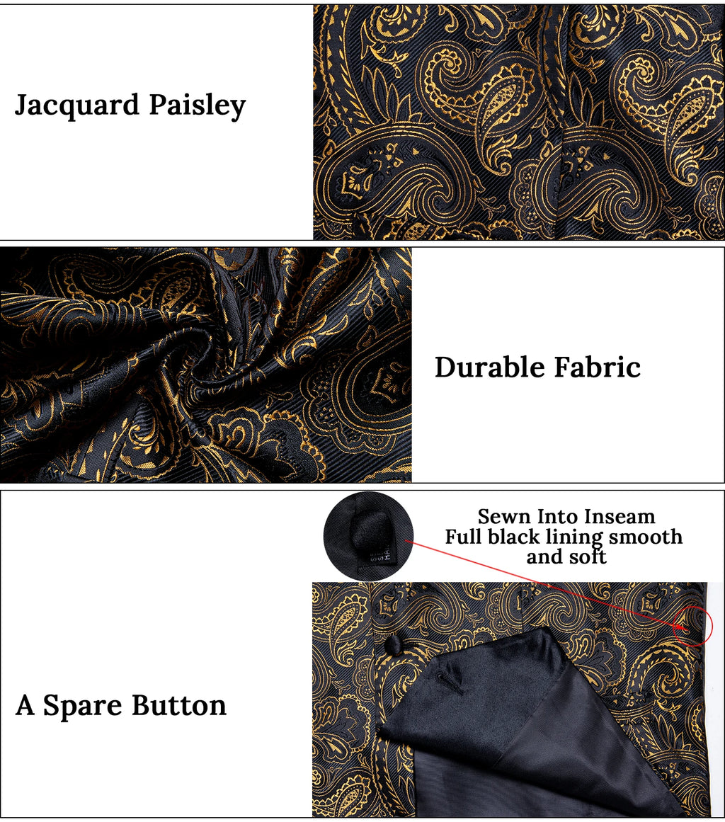 Brand Suit Vest Set For Men Luxury Silk Black Gold Paisley Dress Vest Tie Cufflinks Handkerchief Set Male Sleeveless Waistcoat
