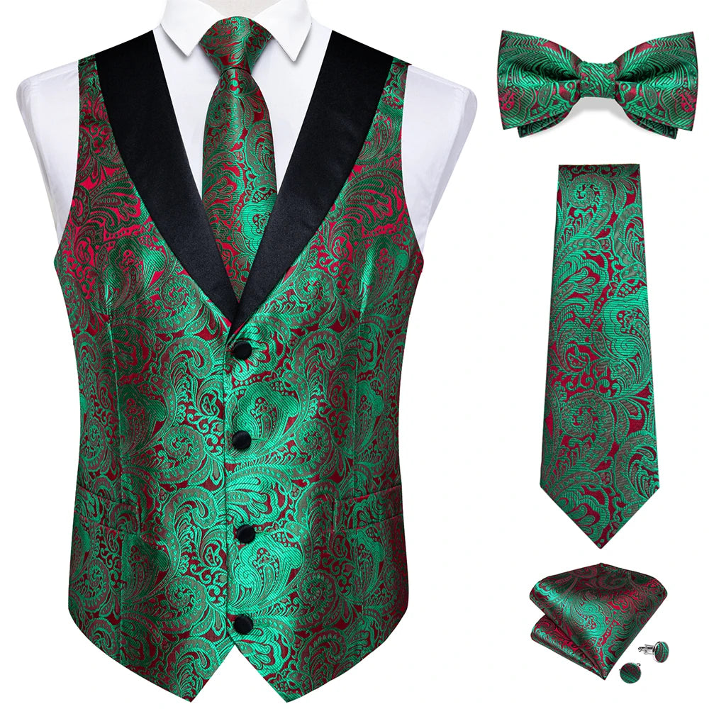 Brand Suit Vest Set For Men Luxury Silk Black Gold Paisley Dress Vest Tie Cufflinks Handkerchief Set Male Sleeveless Waistcoat
