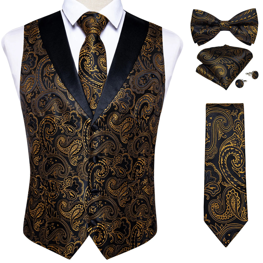 Brand Suit Vest Set For Men Luxury Silk Black Gold Paisley Dress Vest Tie Cufflinks Handkerchief Set Male Sleeveless Waistcoat