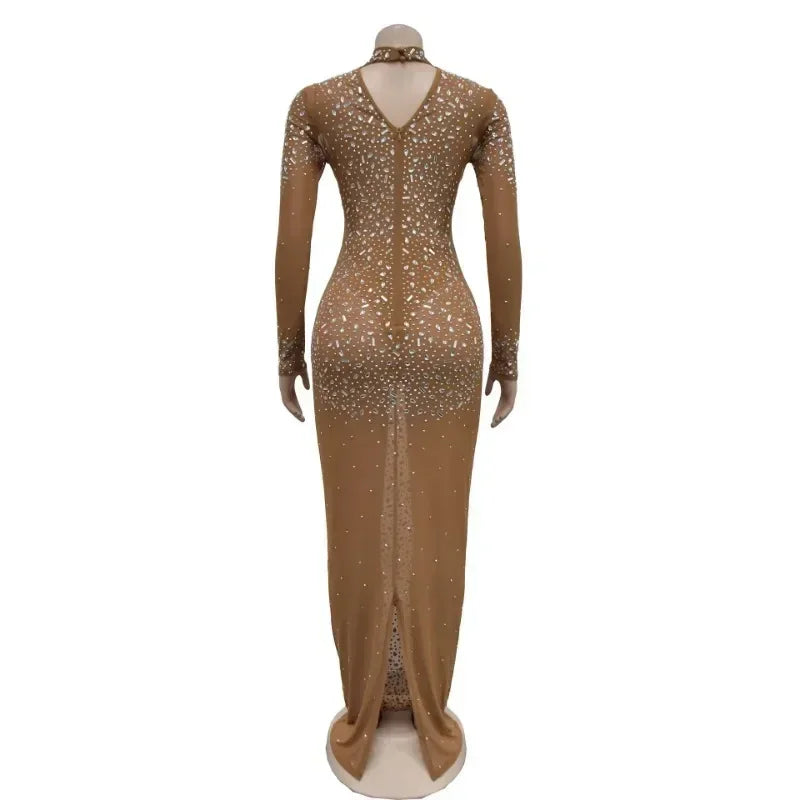 2025 Women Long Sleeve Mesh Diamonds Hot Rhinestones Bodycon Midi Dress Women’s Maxi Long Evening Birthday Dresses