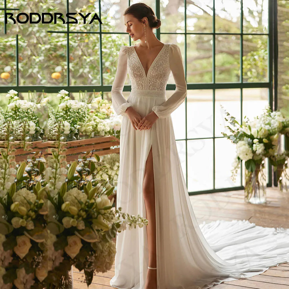 RODDRSYA Bohemian Wedding Dress Women Vestidos Novias Boda Chiffon Long Sleeves Lace Bride Dresses