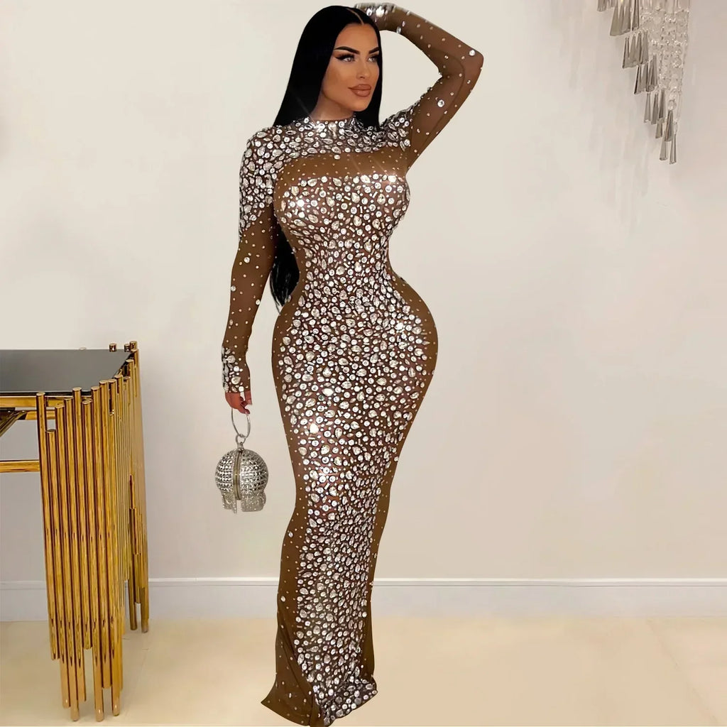 2025 Women Long Sleeve Mesh Diamonds Hot Rhinestones Bodycon Midi Dress Women’s Maxi Long Evening Birthday Dresses