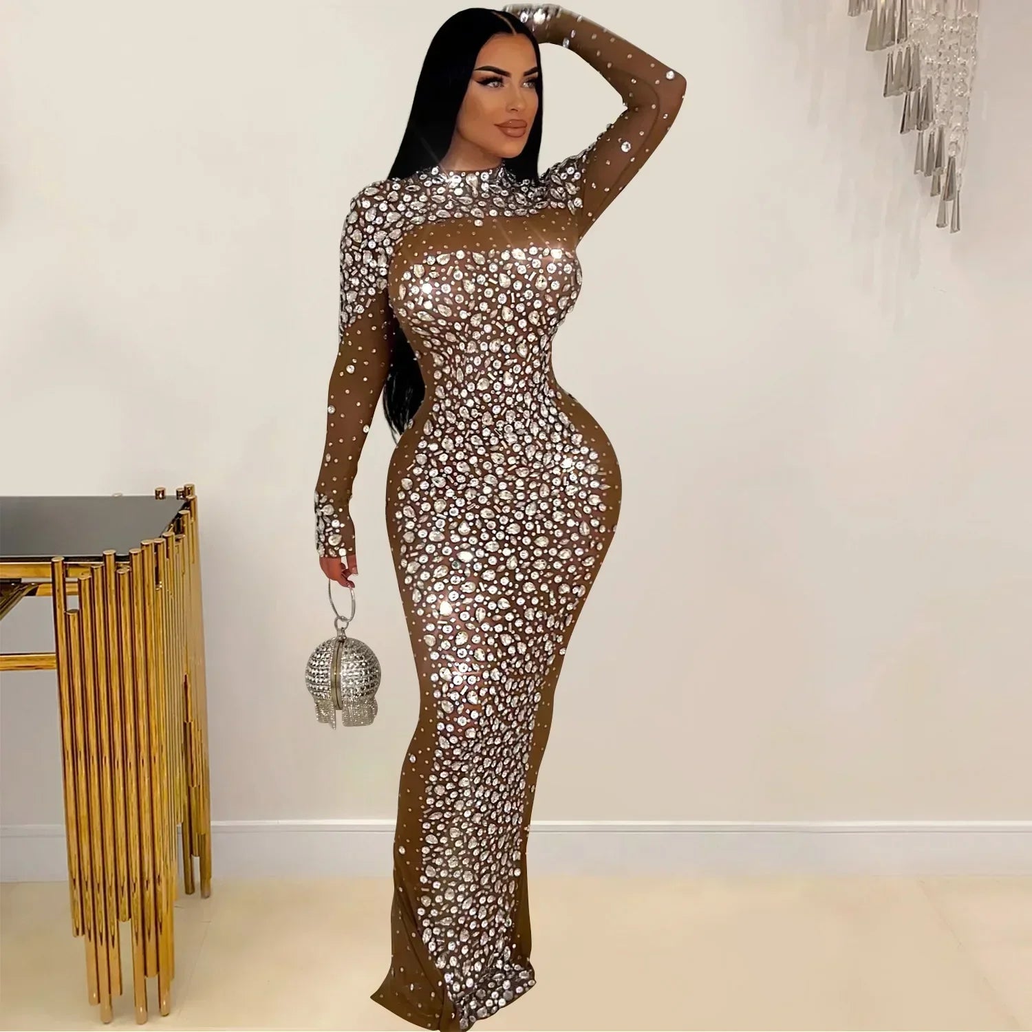 2025 Women Long Sleeve Mesh Diamonds Hot Rhinestones Bodycon Midi Dress Women’s Maxi Long Evening Birthday Dresses