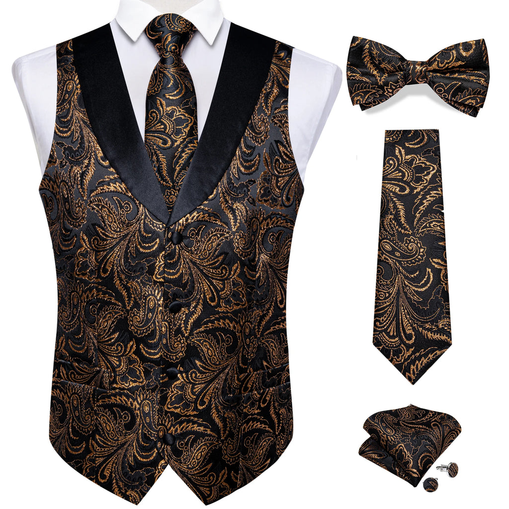 Brand Suit Vest Set For Men Luxury Silk Black Gold Paisley Dress Vest Tie Cufflinks Handkerchief Set Male Sleeveless Waistcoat
