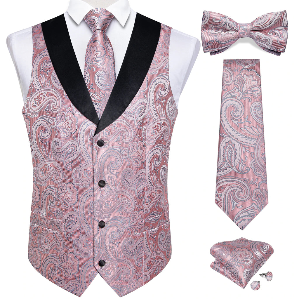 Brand Suit Vest Set For Men Luxury Silk Black Gold Paisley Dress Vest Tie Cufflinks Handkerchief Set Male Sleeveless Waistcoat