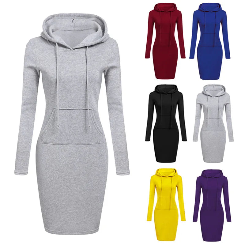 Brand New Women Sweatshirt Hooded Hoodies Long Sleeve Solid Sweatshirts Casual Sweatshirt Pullover Jumper Long Top Mini Dress