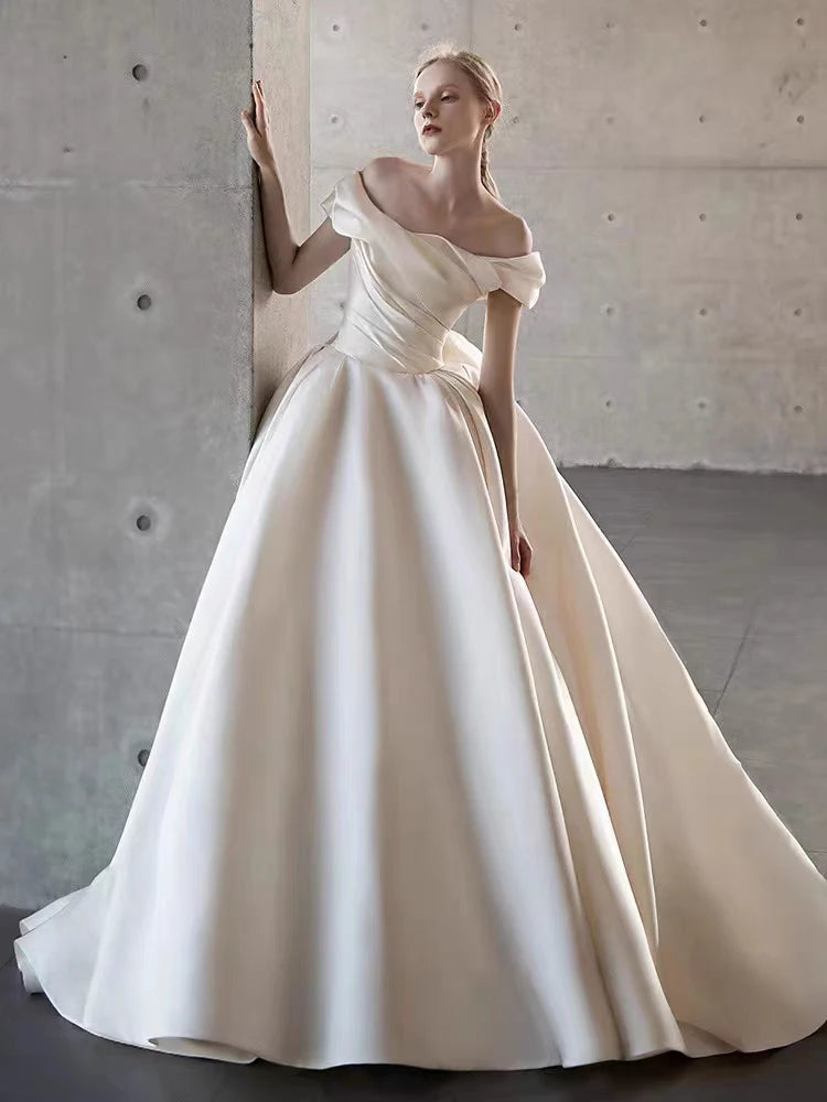 2025 Wedding Dress White Bride Satin Off The Shoulder Floor Length Elegant Strapless