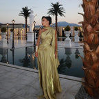 One Shoulder Draped Evening Dresses With Neck Piece Sheath Shiny Wedding Party Gowns Aso Ebi Prom Dress