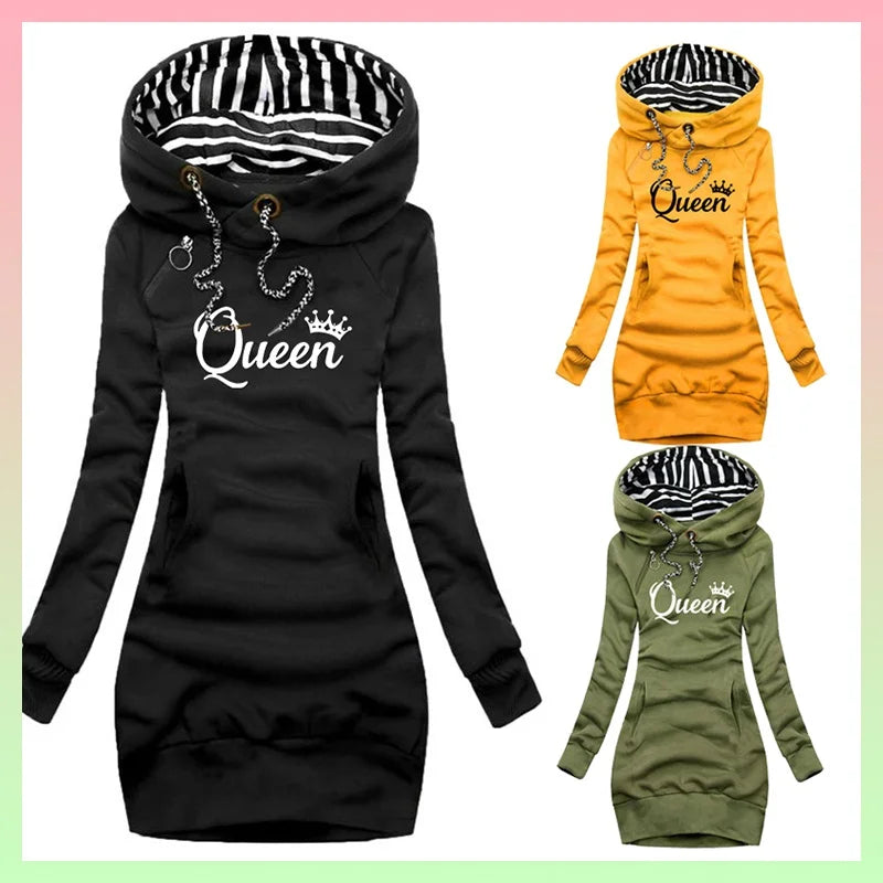 Trending Queen Printed Autumn and Winter Women Fashion Long Hoodie Slim Fit Hoodie Dress Women Long Sleeve Sweater Dress