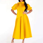 Elegant Birthday Party Dresses for Women Bow Collar Short Sleeve High Waisted Pleated Mid Calf Luxury Dinner Celebrate Occasion