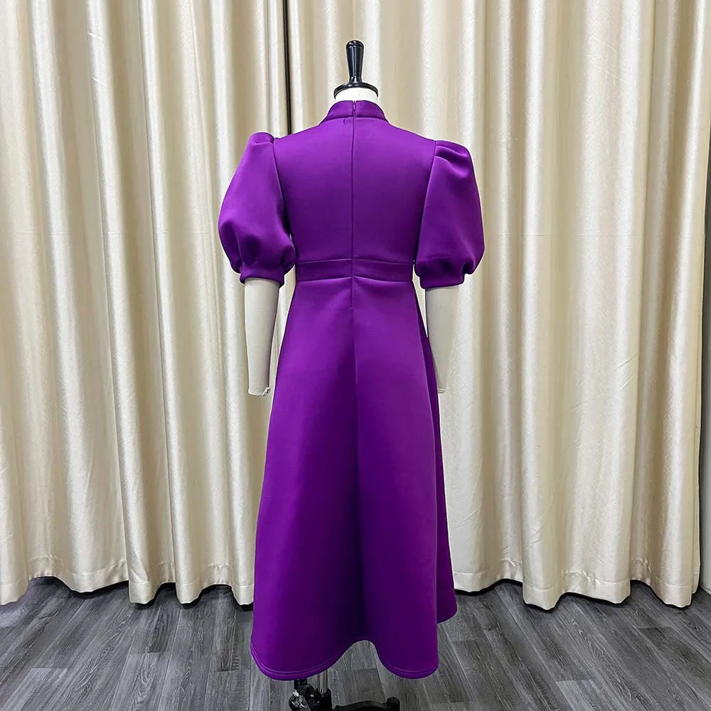Elegant Birthday Party Dresses for Women Bow Collar Short Sleeve High Waisted Pleated Mid Calf Luxury Dinner Celebrate Occasion
