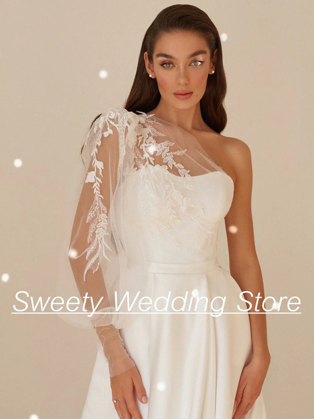 Woman Wedding Dresses for Bride 2025 Elegant One Shoulder Puff Sleeve Applique Court Train Backless A Line Satin Bridal Gown