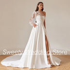 Woman Wedding Dresses for Bride 2025 Elegant One Shoulder Puff Sleeve Applique Court Train Backless A Line Satin Bridal Gown