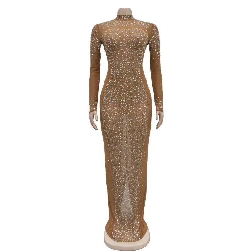 2025 Women Long Sleeve Mesh Diamonds Hot Rhinestones Bodycon Midi Dress Women’s Maxi Long Evening Birthday Dresses