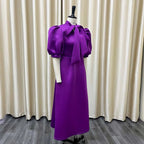 Elegant Birthday Party Dresses for Women Bow Collar Short Sleeve High Waisted Pleated Mid Calf Luxury Dinner Celebrate Occasion