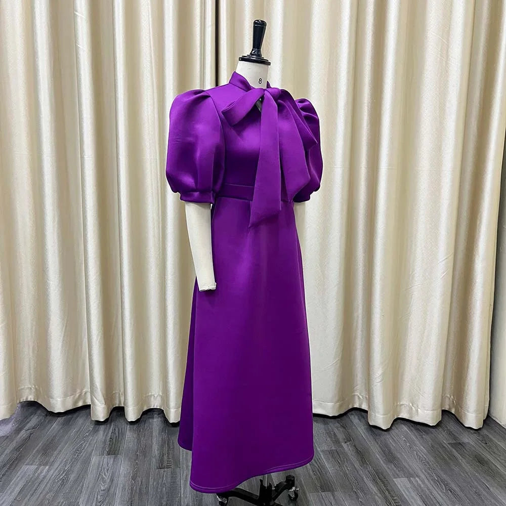 Elegant Birthday Party Dresses for Women Bow Collar Short Sleeve High Waisted Pleated Mid Calf Luxury Dinner Celebrate Occasion