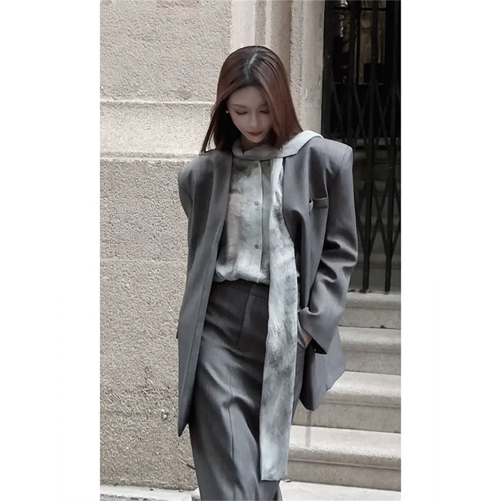 2024 spring new high-end Hepburn style advanced high temperament suit collarless suit + dizzy ribbon shirt suit