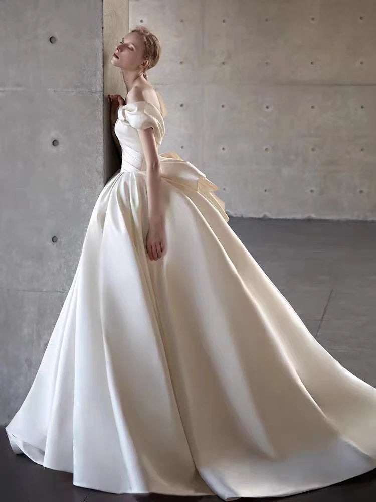 2025 Wedding Dress White Bride Satin Off The Shoulder Floor Length Elegant Strapless