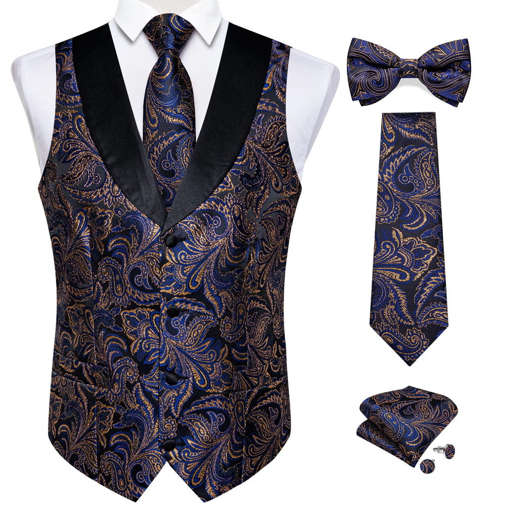 Brand Suit Vest Set For Men Luxury Silk Black Gold Paisley Dress Vest Tie Cufflinks Handkerchief Set Male Sleeveless Waistcoat