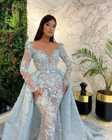 Luxury Lace Appliques 3D Flowers Mermaid Prom Dresses With Detachable Train Long Sleeve Arabic Evening Dress Wedding Party Gowns