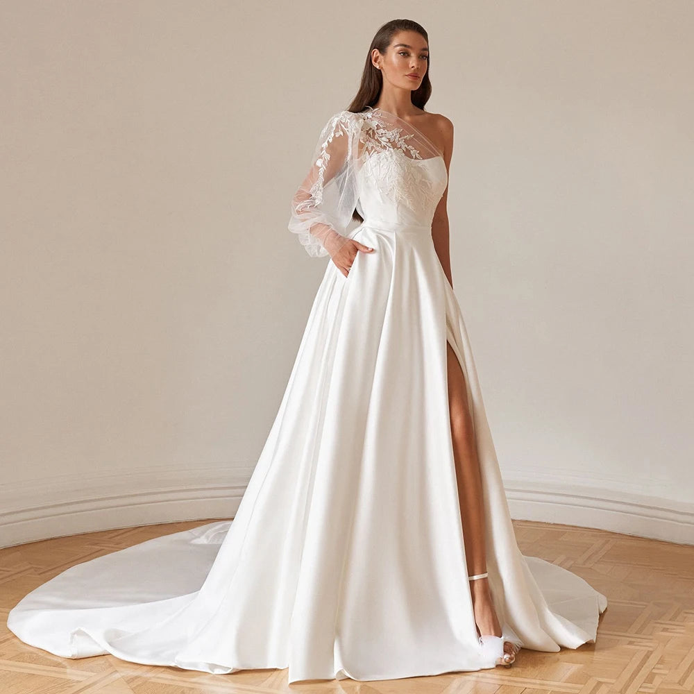 Woman Wedding Dresses for Bride 2025 Elegant One Shoulder Puff Sleeve Applique Court Train Backless A Line Satin Bridal Gown
