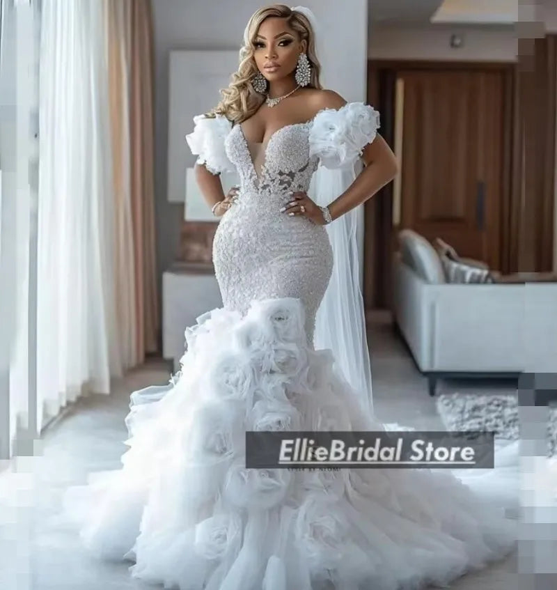 Gorgeous Wedding Dresses Luxury 2025 Flowers African Mermaid Bridal Gowns Off The Shoulder Lace Beading Vestido Novia Customized