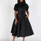 Elegant Birthday Party Dresses for Women Bow Collar Short Sleeve High Waisted Pleated Mid Calf Luxury Dinner Celebrate Occasion