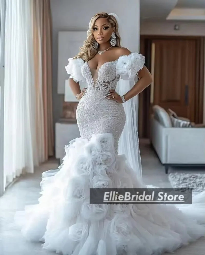 Gorgeous Wedding Dresses Luxury 2025 Flowers African Mermaid Bridal Gowns Off The Shoulder Lace Beading Vestido Novia Customized