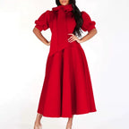 Elegant Birthday Party Dresses for Women Bow Collar Short Sleeve High Waisted Pleated Mid Calf Luxury Dinner Celebrate Occasion